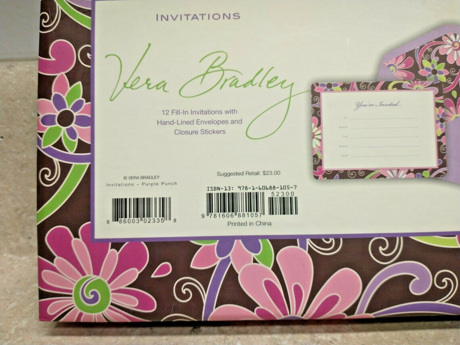 NIB Vera Bradley Purple Punch Invitations with Envelopes & Closure Stickers