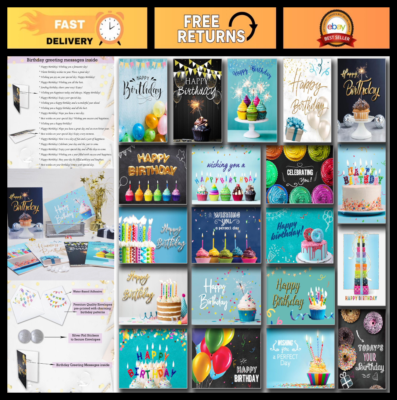100 Bulk Happy Birthday Cards with Envelopes & Stickers, 5×7 Inch, Generic Greet