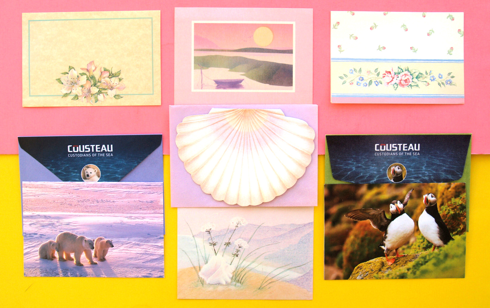 7 GREETING CARDS—UNUSED BLANK-INSIDE + ENVELOPES—FLOWERS ANIMALS—2 POSTCARDS