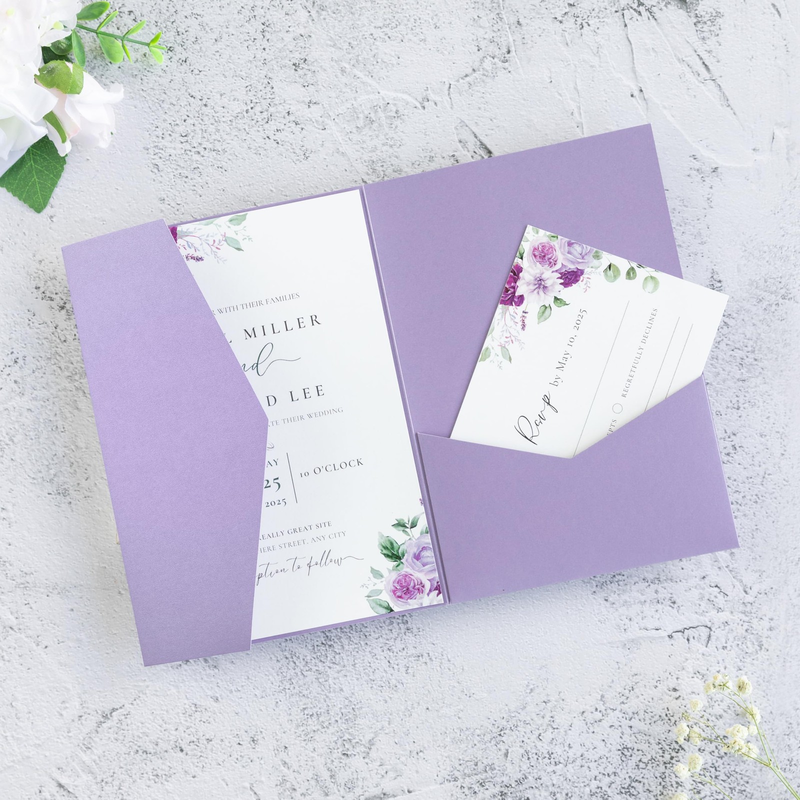 20 PCS Lilac TriFold Laser Cut Wedding Invitation Pockets 5×7 Card