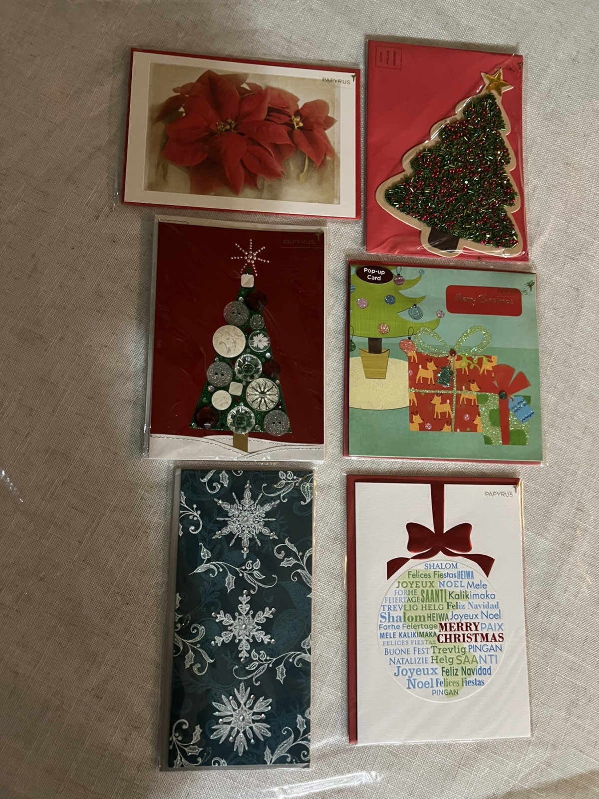 PAPYRUS Lot Of 6 Christmas Holiday Cards Sparkle Embellished 3D Tree Pretty