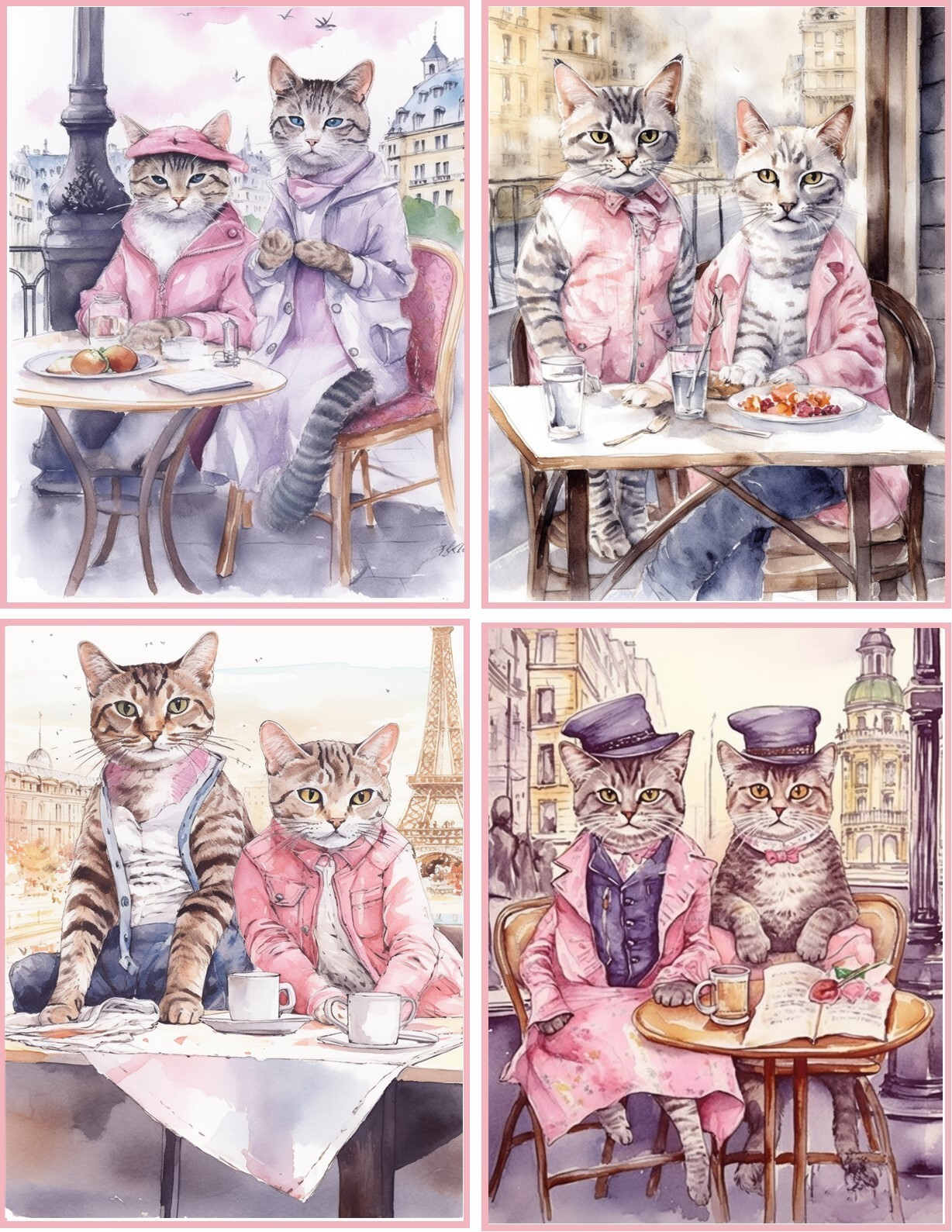 Cat Paris Cafe Vintage Victorian 8 glossy blank note card envelope organza bag