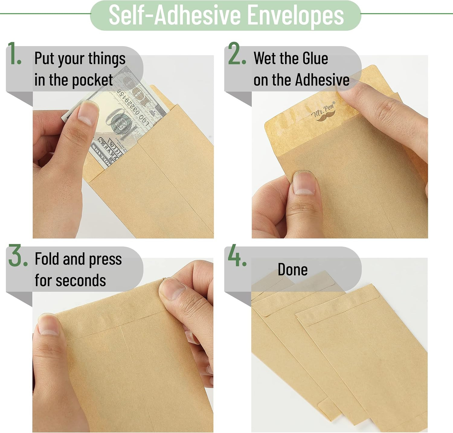 – Money Envelopes for Cash, 6.5″ X 3.5″, 100 Pack, Kraft Paper, Self-Adhesive Bu