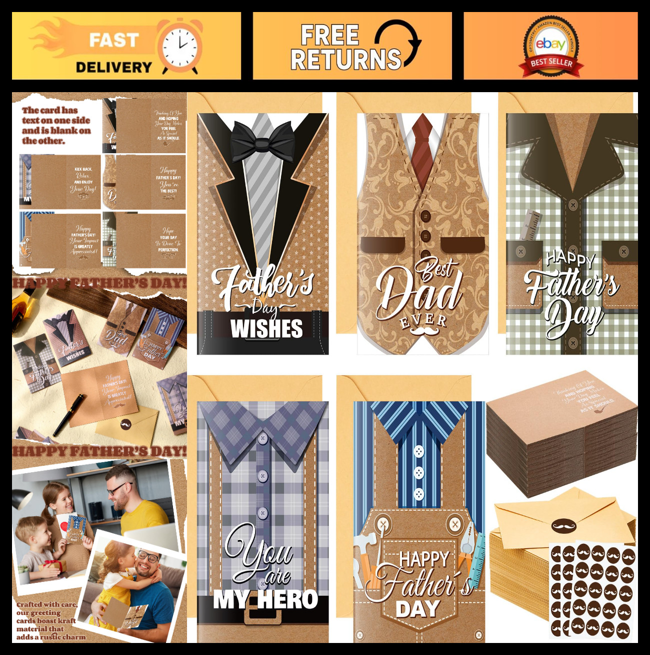 100 Sets Kraft Father’s Day Greeting Cards with Envelopes & Stickers – DIY Craft