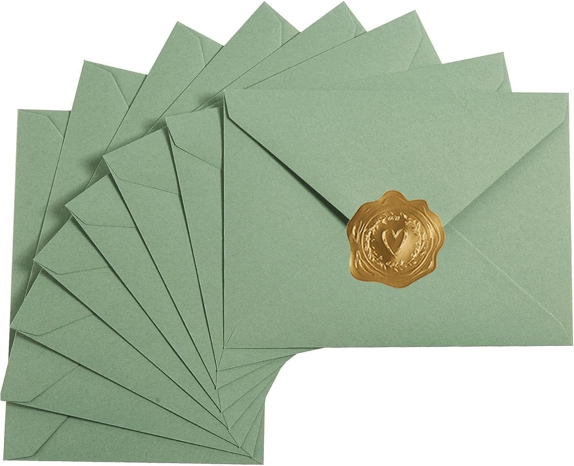 50 Pieces Sage-Green A7 Envelopes With Stickers, 5.24×7.24 Inches | 5×7 Envelope
