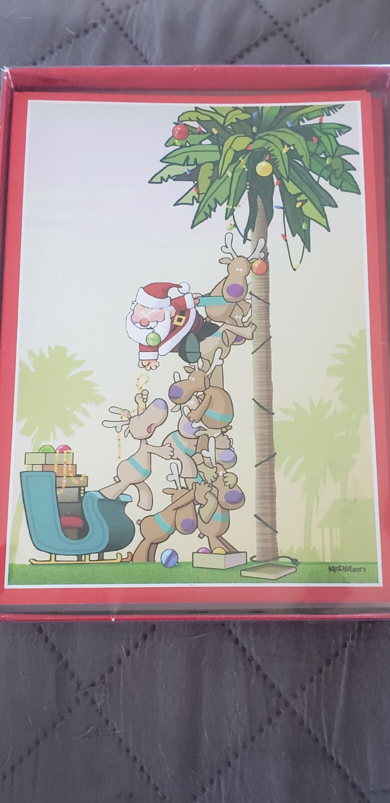 Coastal Santa and Reindeer Decorating Palm Tree Christmas Cards, New, 18 cards