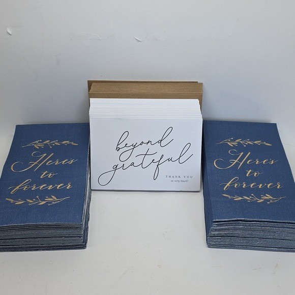 85 Wedding Blue & Gold Napkins & 25 Thank You Cards