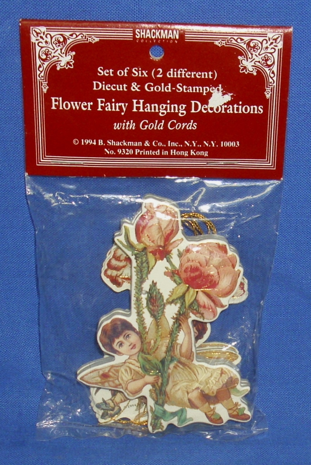 Vtg 1994 Set of 6 Shackman Die Cut Gold Stamped Flower Fairy Hanging Decorations