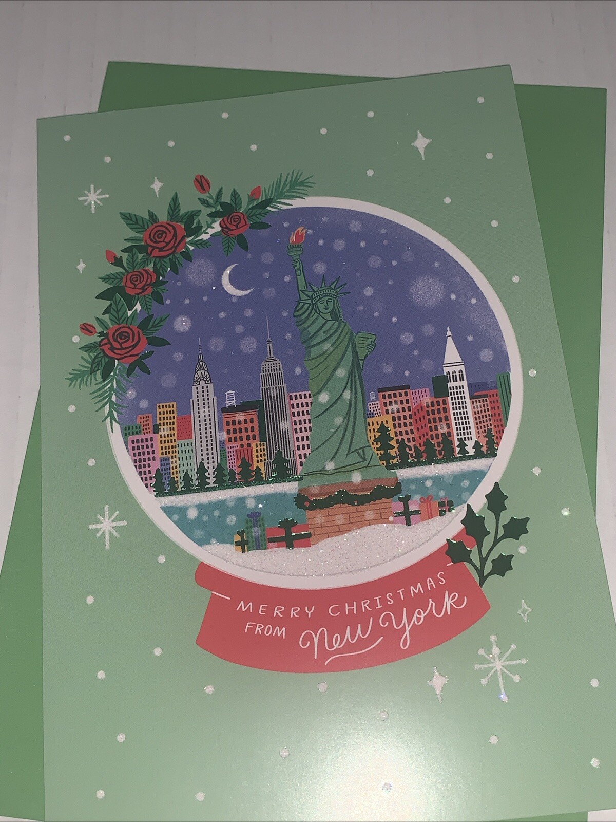 Hallmark From New York Christmas Card: Snow Globe Statue Of Liberty Savor Moment