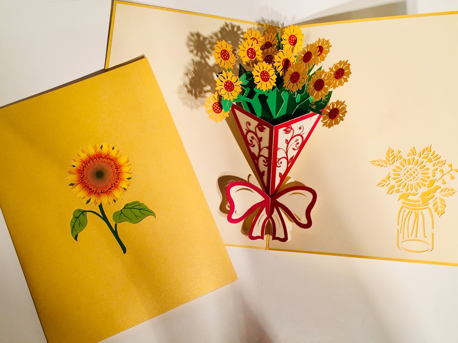 Origami Pop Cards Golden Sunflower Bouquet Wrapped in Red Ribbon Happy Birthday