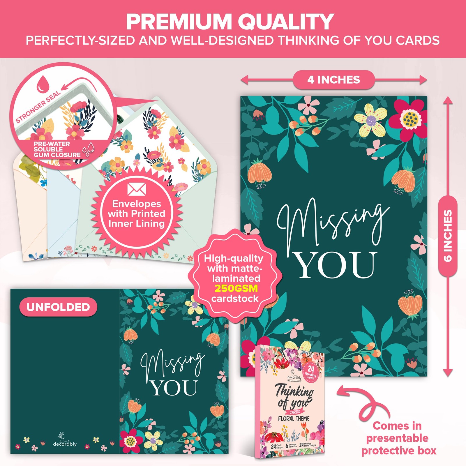 Decorably 24 Pack 6x4in Floral 6×4 inches, Encouragement Cards