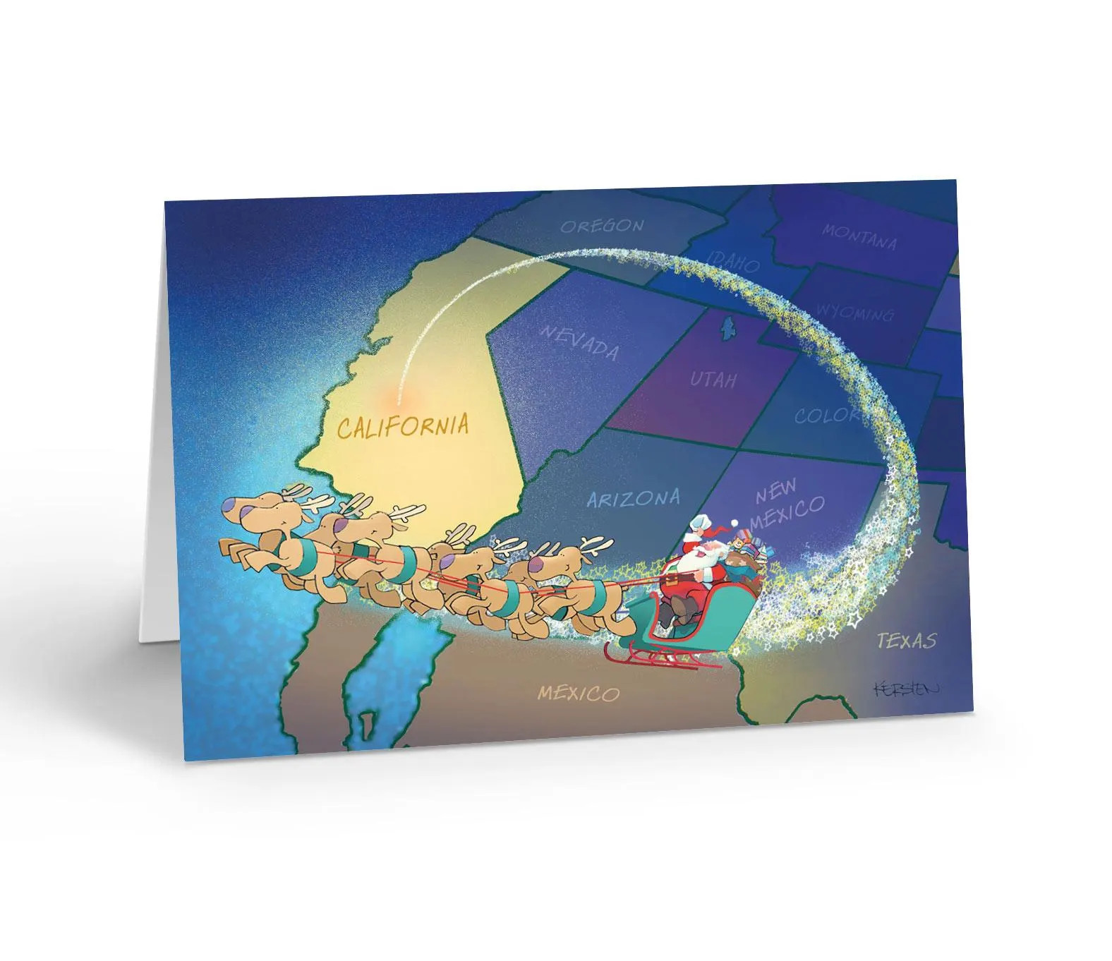 Stonehouse Collection – California Christmas Card – Santa Flying Over California