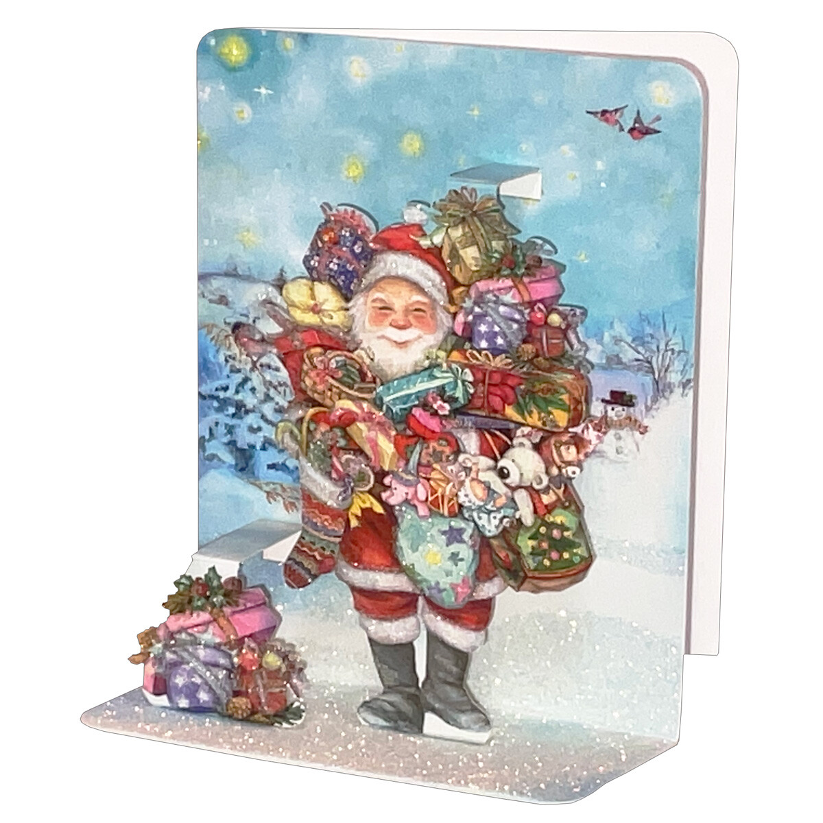 Smiling Santa Carrying Armload of Gifts 4 3/4 Inches 3D Pop-Up Christmas Card