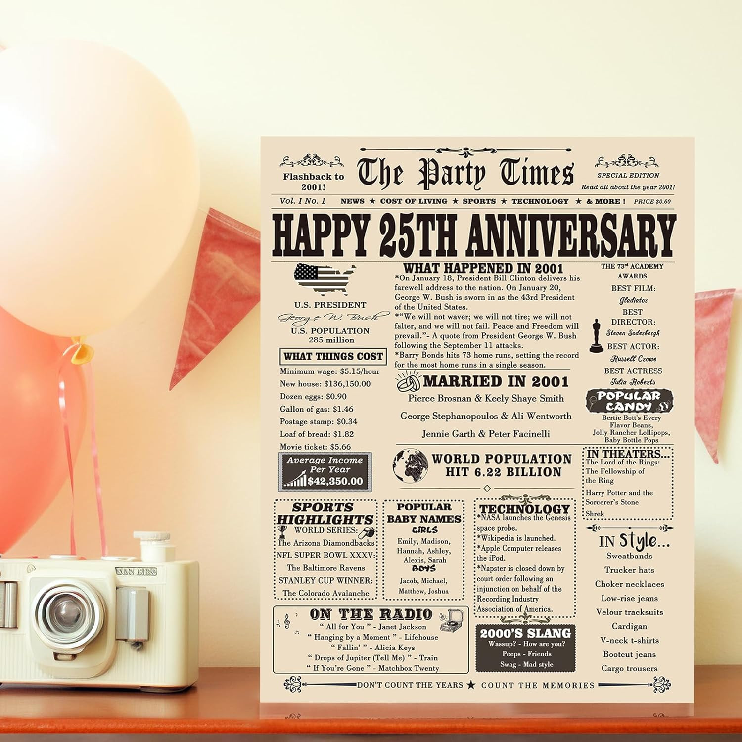 Large 25th Anniversary Card for Couples, Retro 25 Years Wedding Aday Gift Ideas
