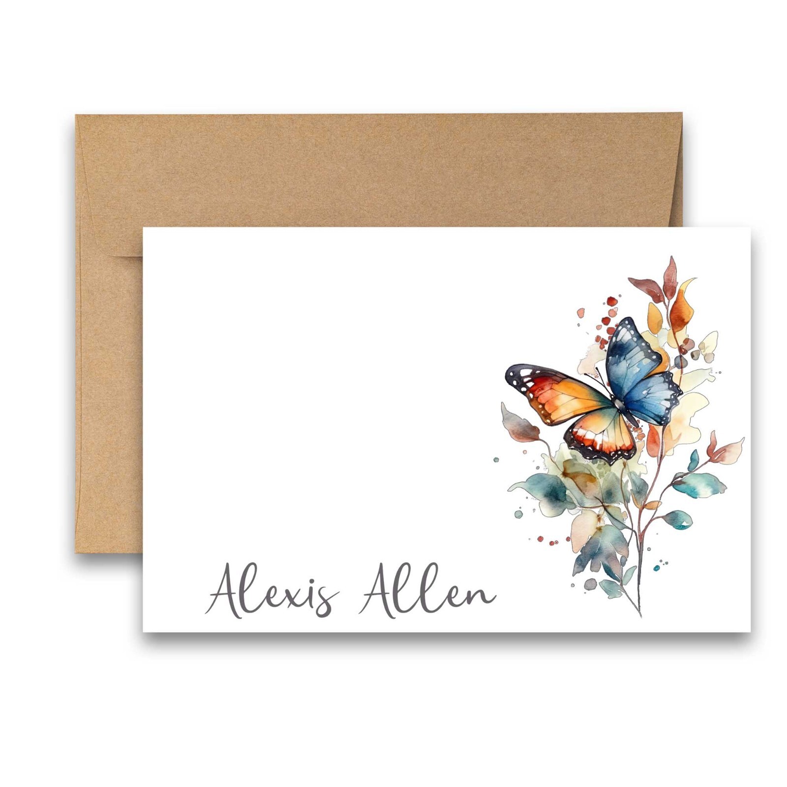 PERSONALIZED – 12 Flat Note card, Floral Stationery with Envelopes – Butterfly