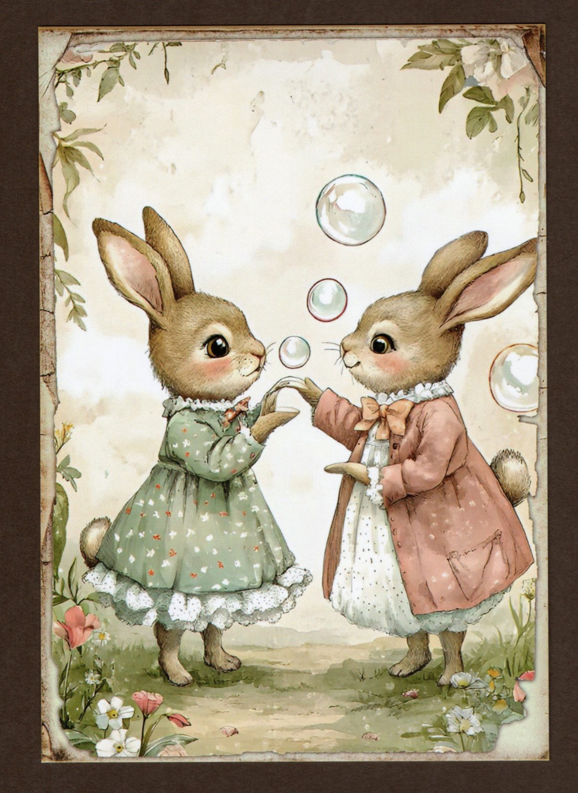 Brown Bunny Rabbits Mini Art Print or Postcard, 5.5″ Easter Blowing Bubbles
