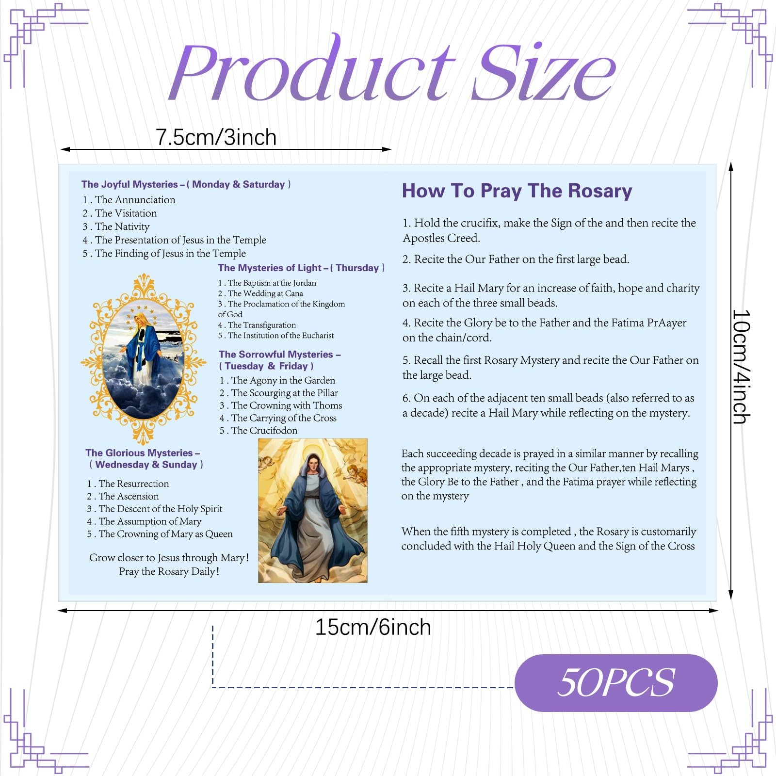 50 Pcs How to Pray The Rosary Pamphlet Prayer Cards 6 x 4 Inches Rosary Pamph…