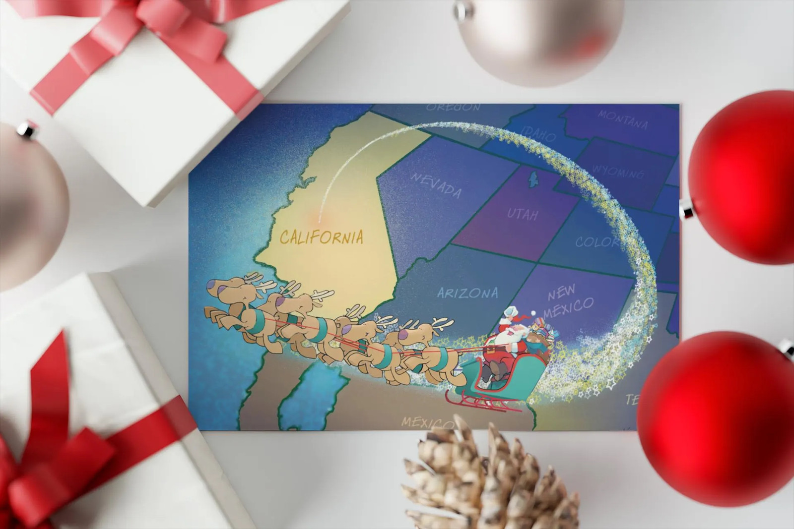 Stonehouse Collection – California Christmas Card – Santa Flying Over California