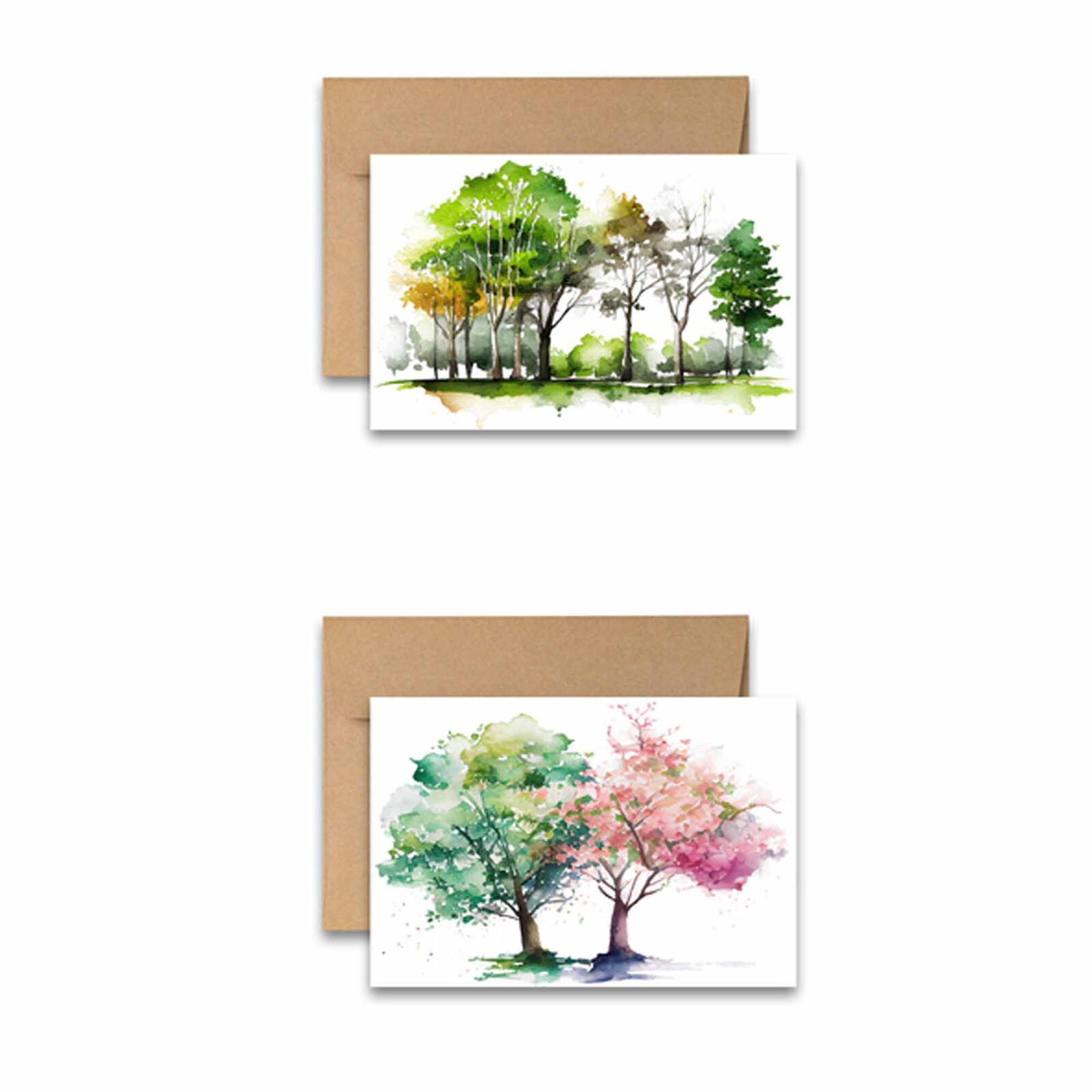 12 Flat Notecards with Envelopes Cute Stationery Watercolor Trees – 2 of each