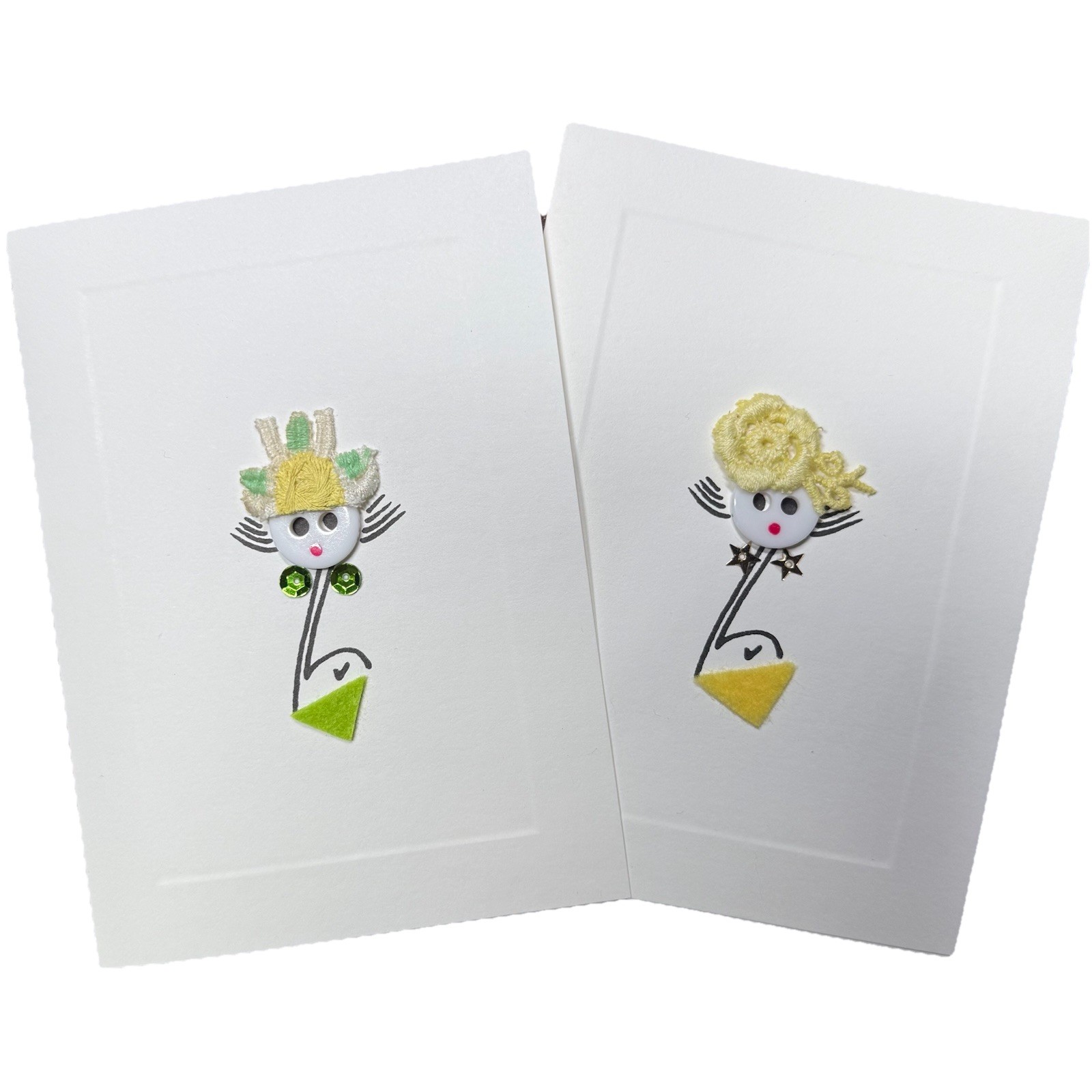 Set of 10 Greeting Cards, Handcrafted Fancy Hat Button Ladies w/ Envelopes