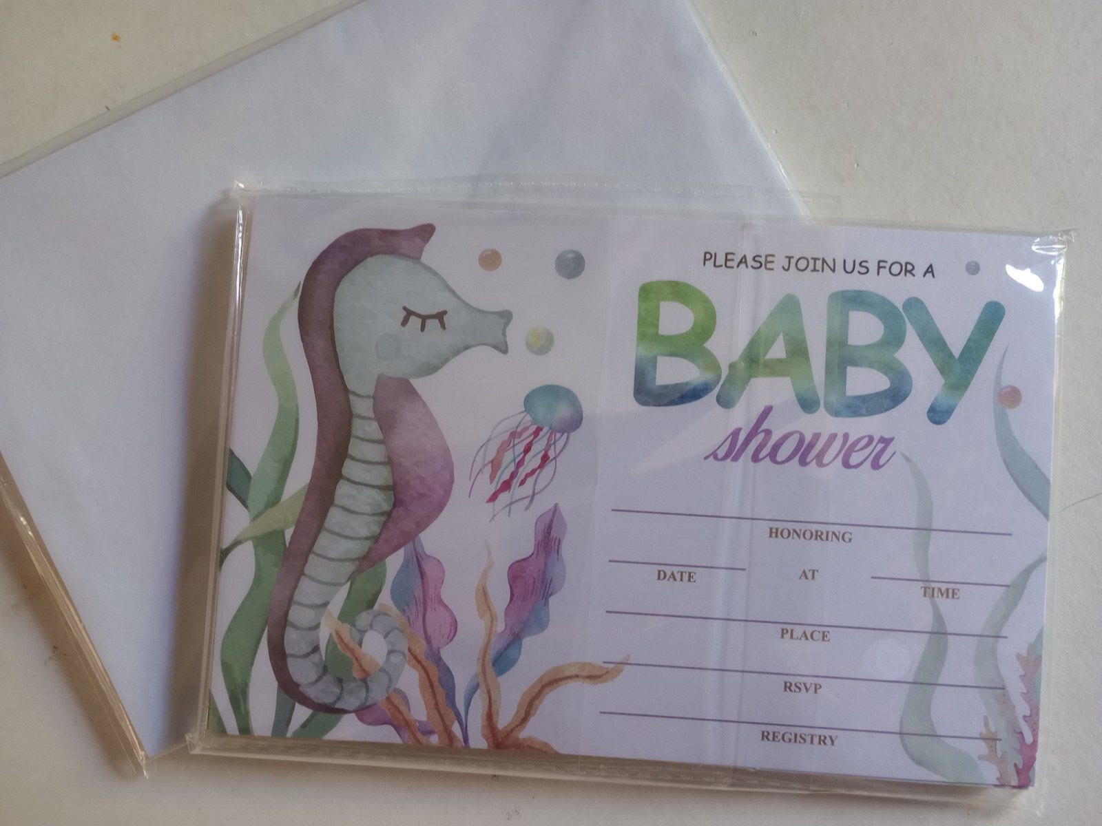 Sea Horse Ocean Baby Shower Invitations (25Pk) W/ Envelopes Unisex Purple/Green