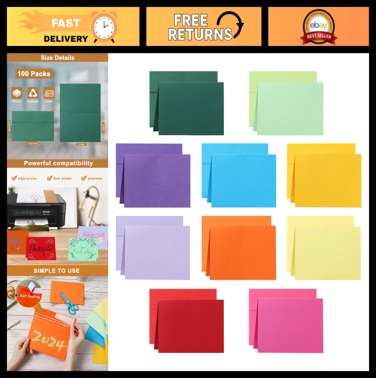 100 Pack Assorted Color Blank Note Cards & Envelopes 4×6 Heavyweight for DIY Inv