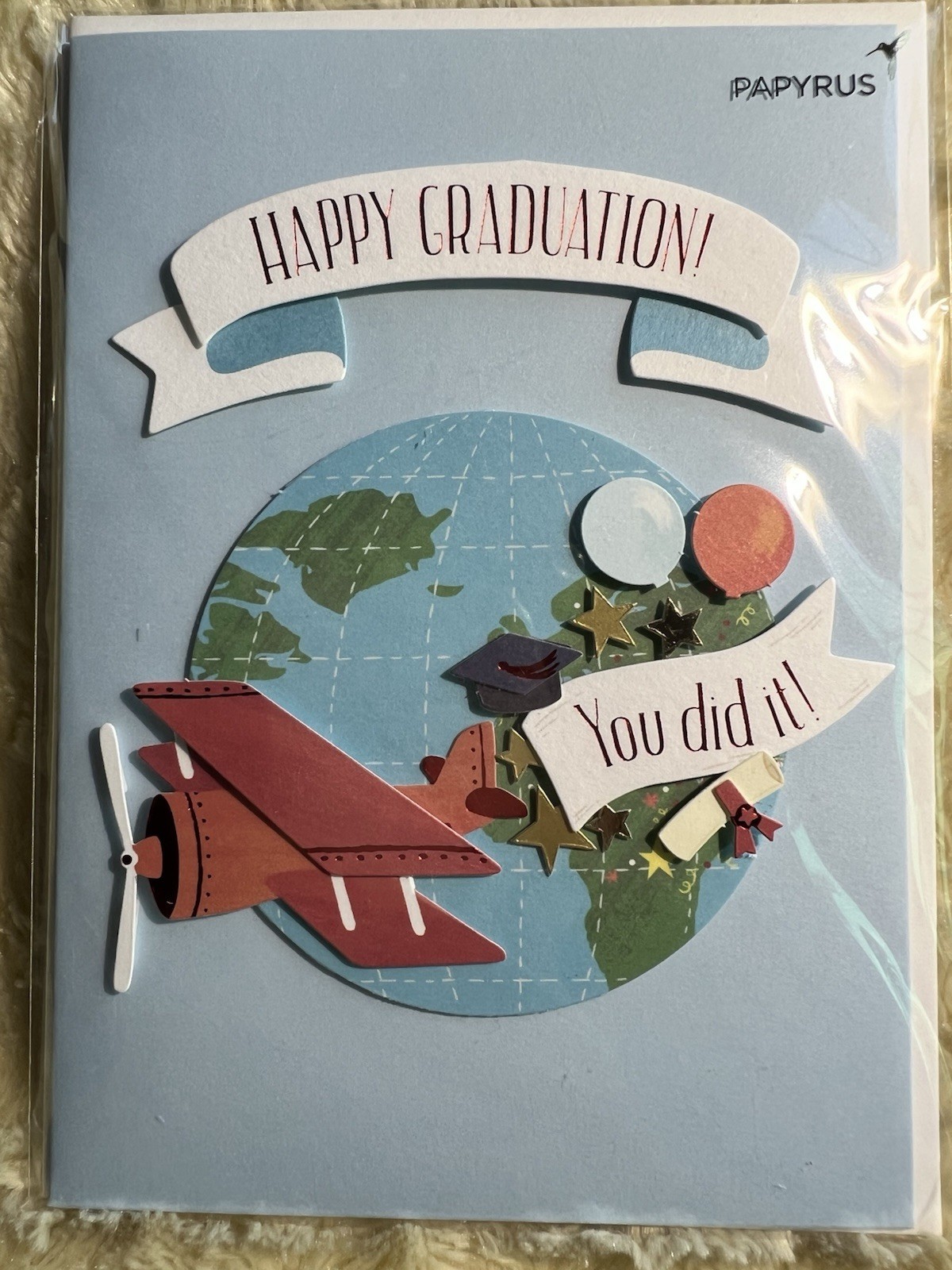 Papyrus Graduation Card 3D Die Cut Globe Airplane Diploma Stars You did it! (D)