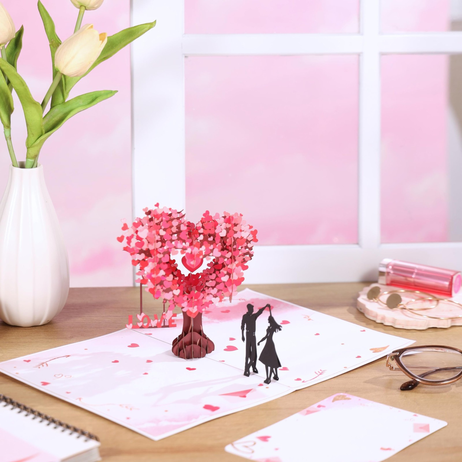 Pop Up Anniversary Card, 3D Love Tree Hearts Couple Wedding Card for Her, Wife