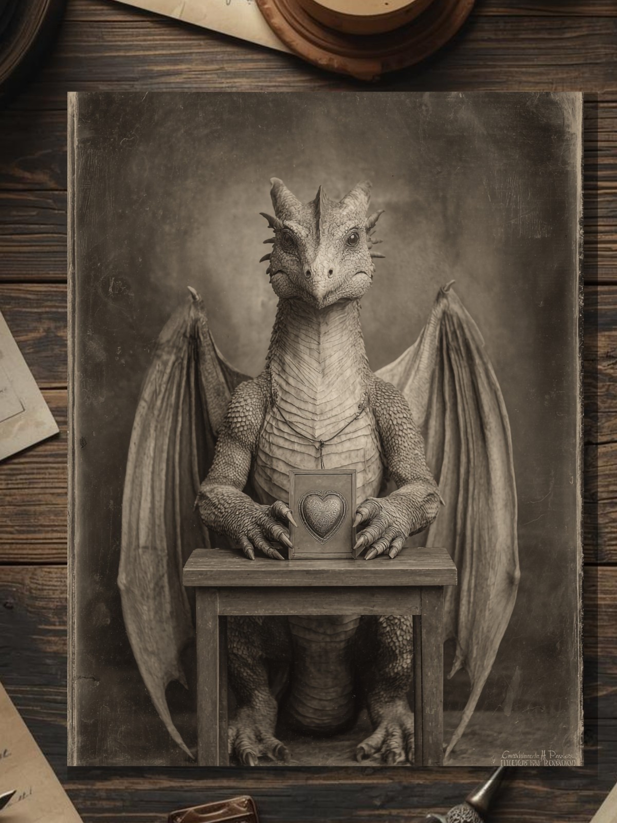 Vintage Dragon Heart Valentine Card Gothic Fantasy Art Antique Style Photo