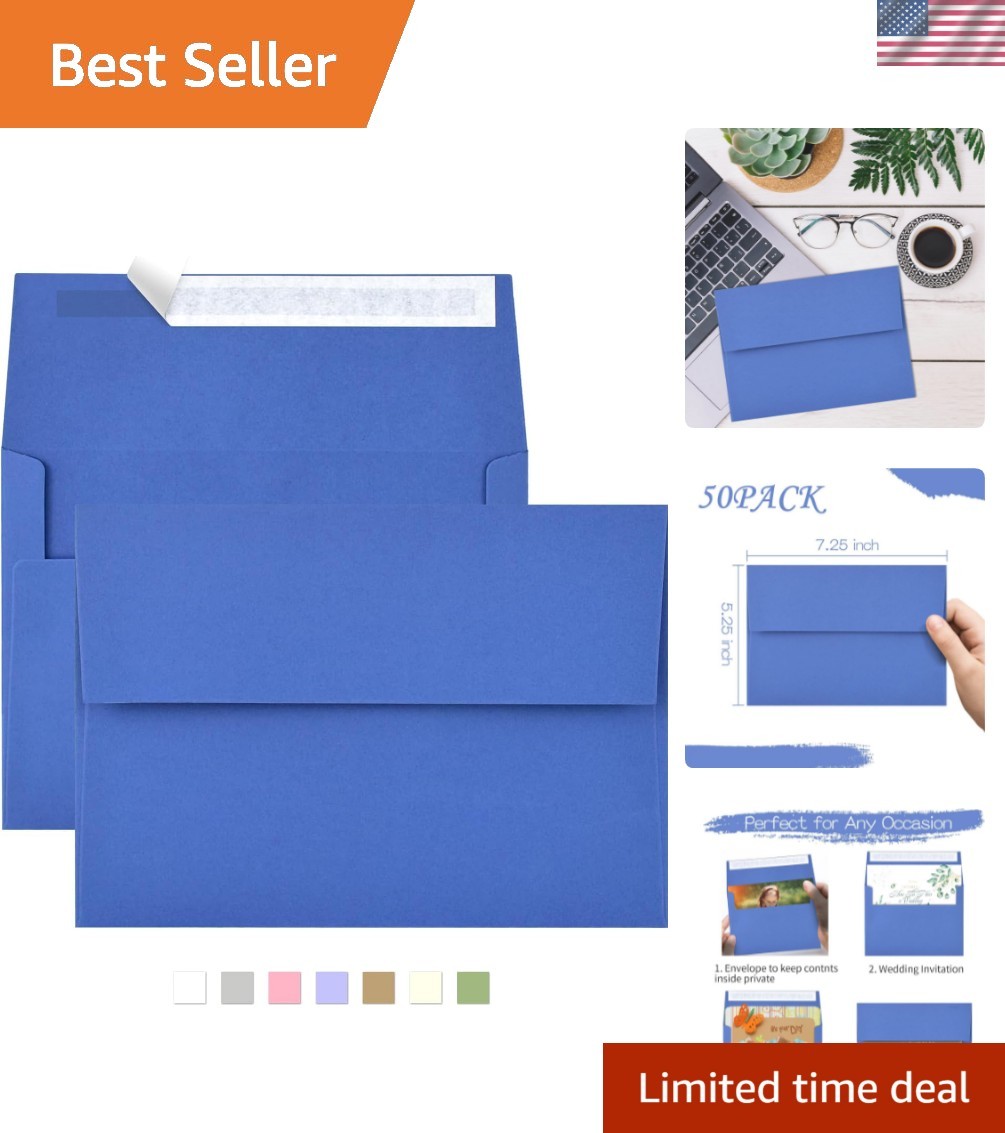 50 Pack 5×7 Envelopes for Invitations,5.25×7.25 inches,A7 Envelope Blue Self …