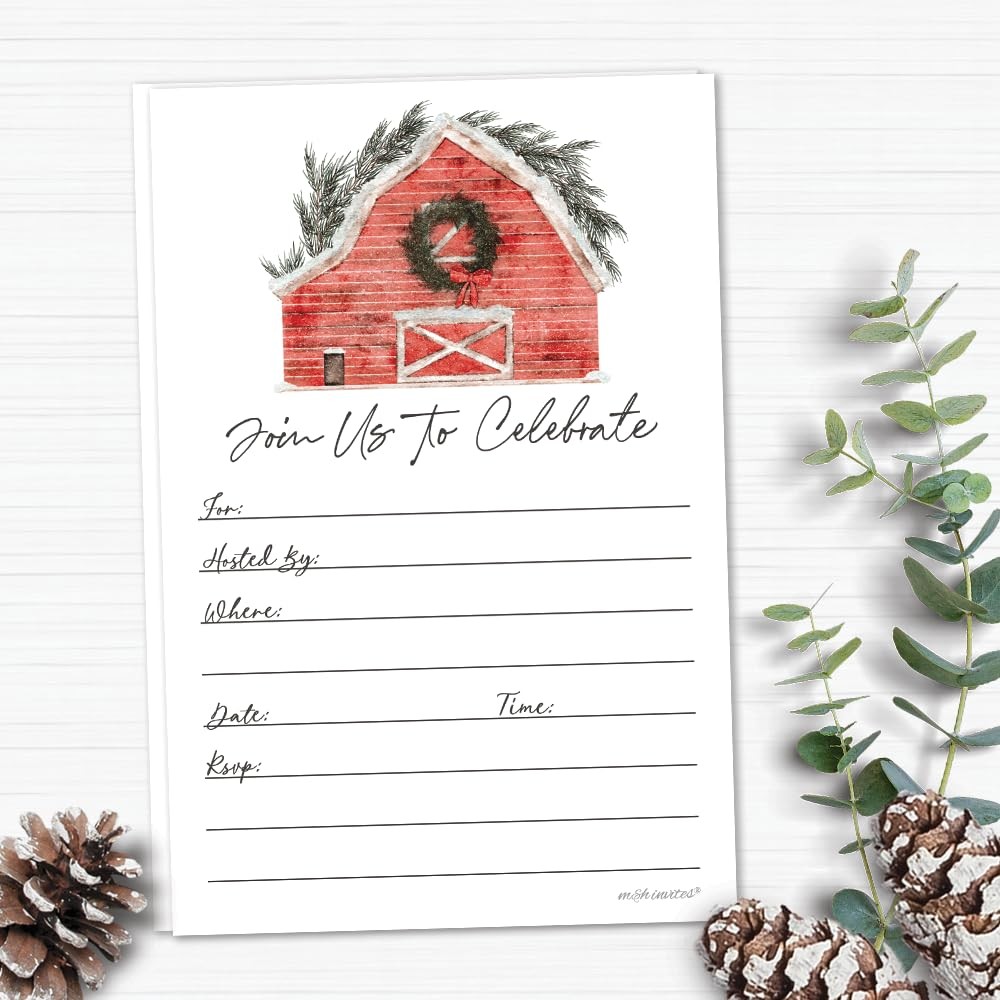20 PCS Rustic Red Barn Christmas Invitations Watercolor Holiday Envelopes
