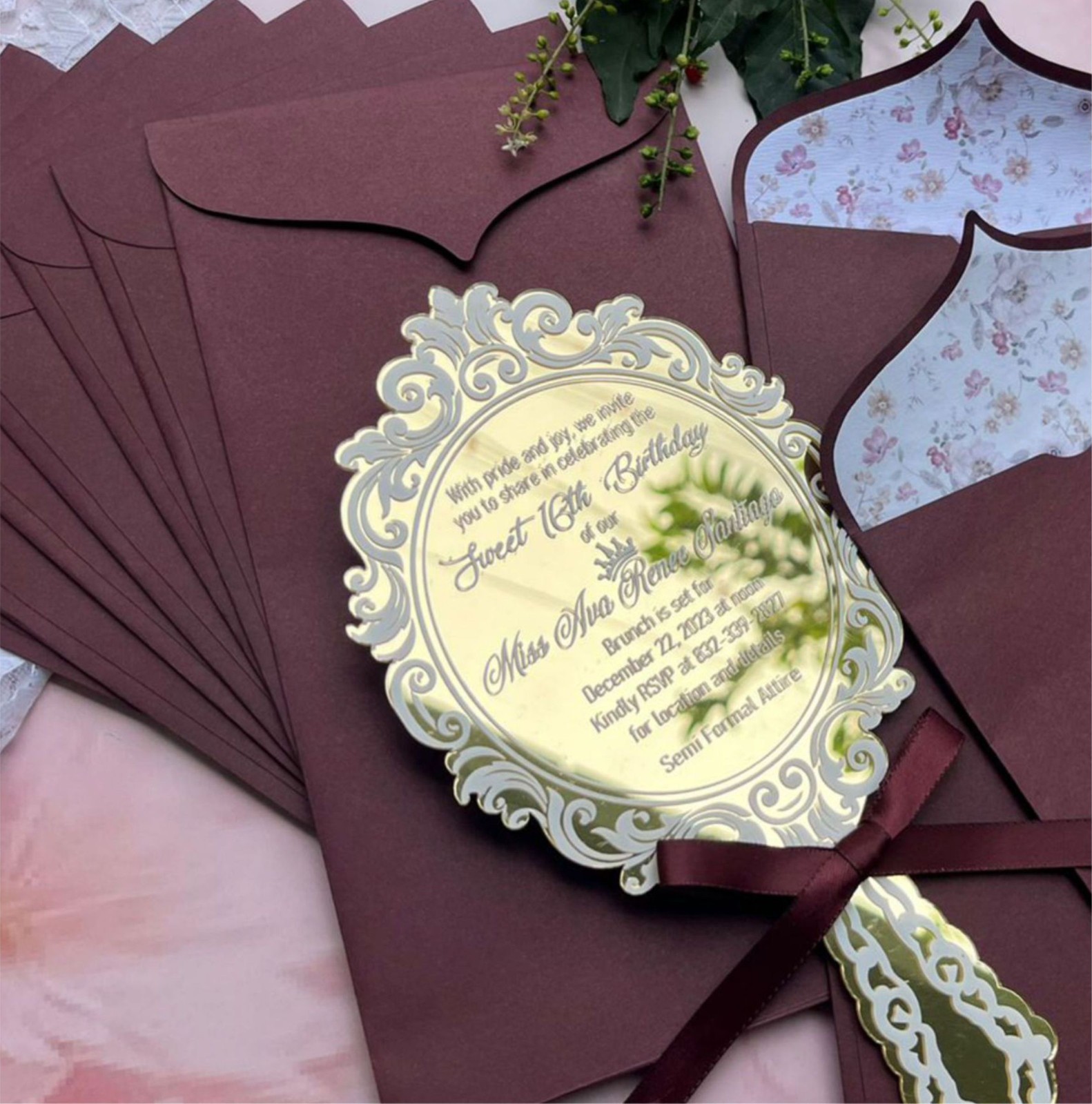 Gold Mirror Acrylic Wedding Invitations with Burgundy Envelopes – Trending 2026