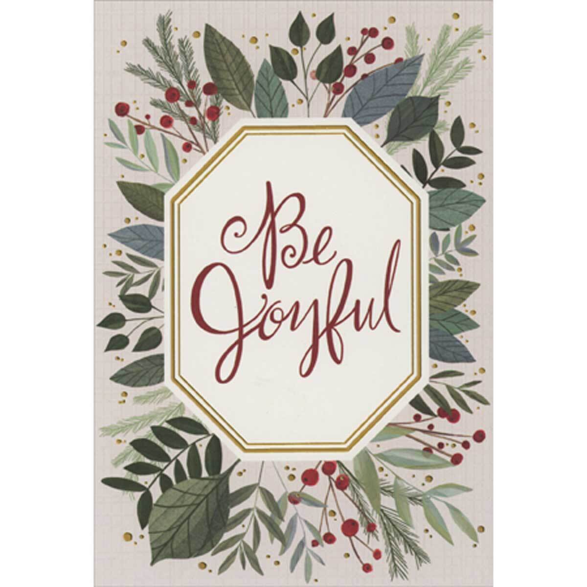 Be Joyful Gold Foil Bordered Ivory Octogon Over Greenery 8 Christmas Cards