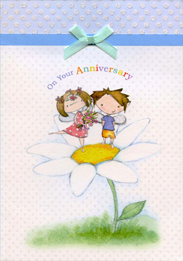 Girls and Boy Fairies on Flower with Blue Ribbon Hand Decorated Anniversary Card