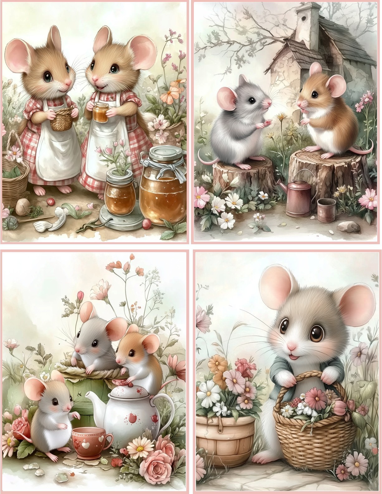 8 Mice Mouse gardening drinking tea glossy blank fold out Shabby Chic Note Card