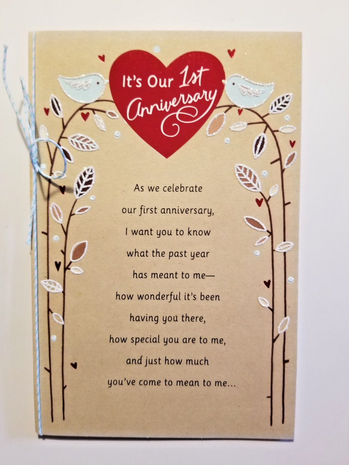 Our First Anniversary Greeting Card Love Birds Sparkle Heart String Bow