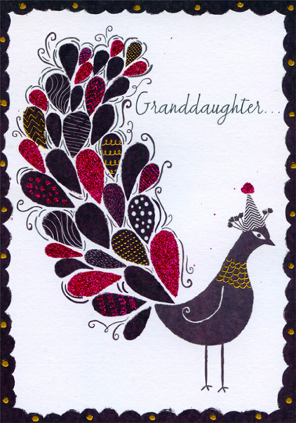 Black and White Peacock Sparkling Purple Feathers Granddaughter Birthday Card