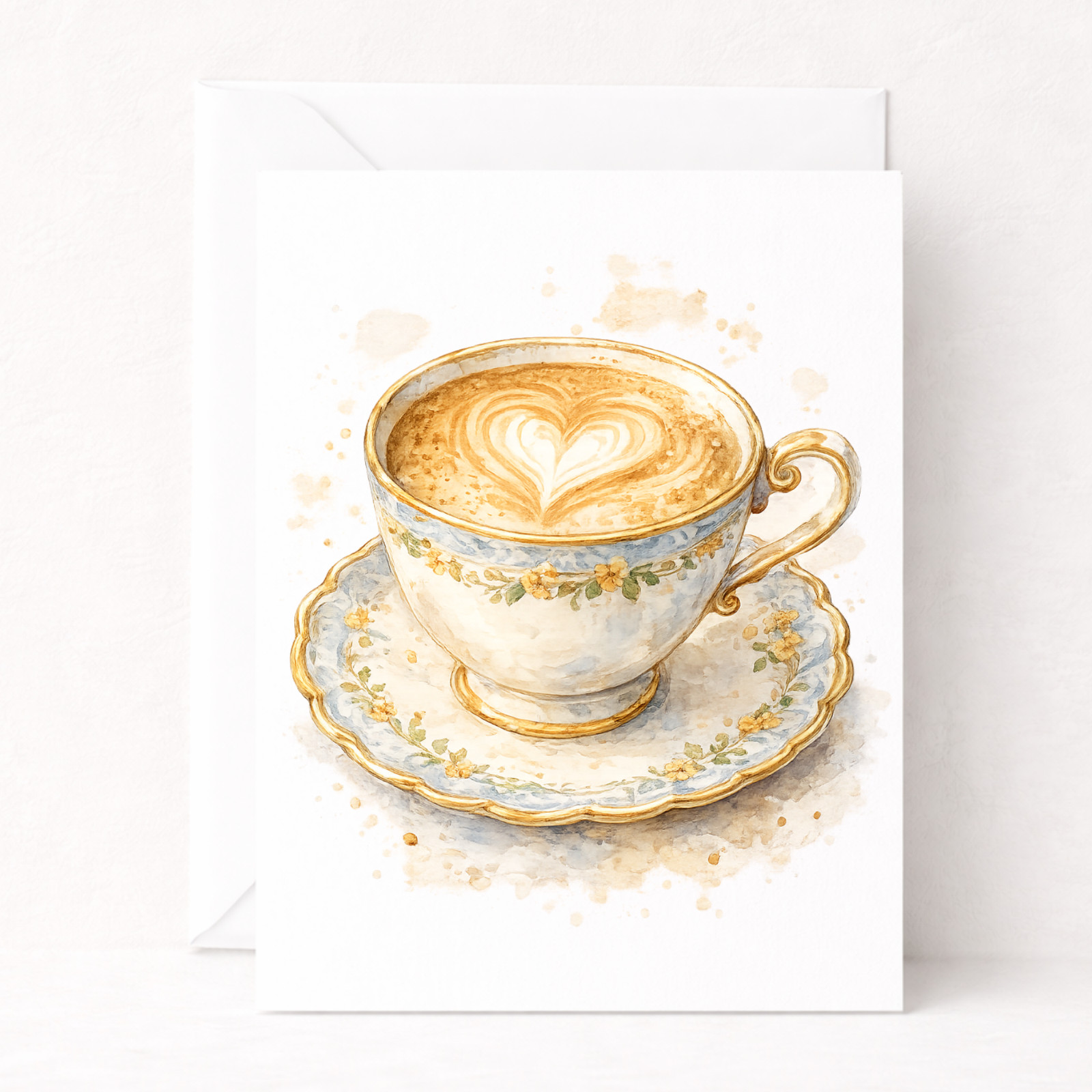 Floral Teacup Latte – A2 Greeting Card – Blank Inside – Watercolor Café Art