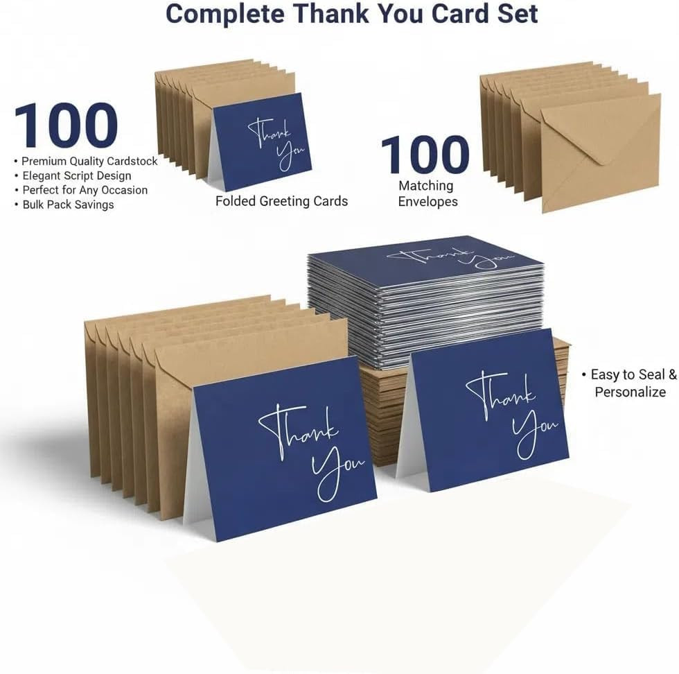 100 Pack Thank You Cards with Envelopes Bulk Set & Stickers – 4X6 Inch Blank Tha