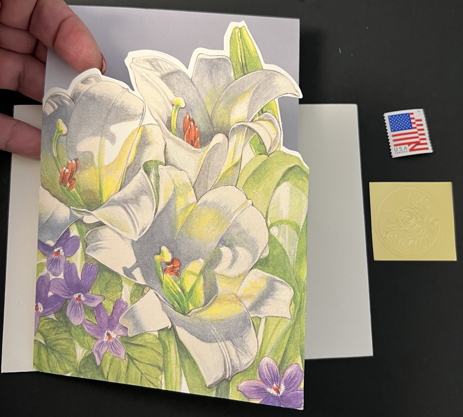 Die Cut Lilies & Violets SYMPATHY CARD By Liz Schreiner w/Env/Seal/Stamp BN