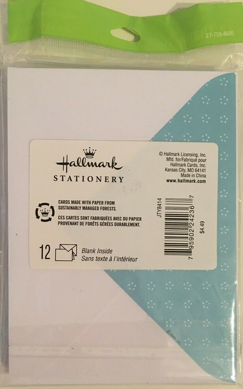 Hallmark Thank You Notes & Envelopes Pack Of 12 Teal White Blank Inside NEW