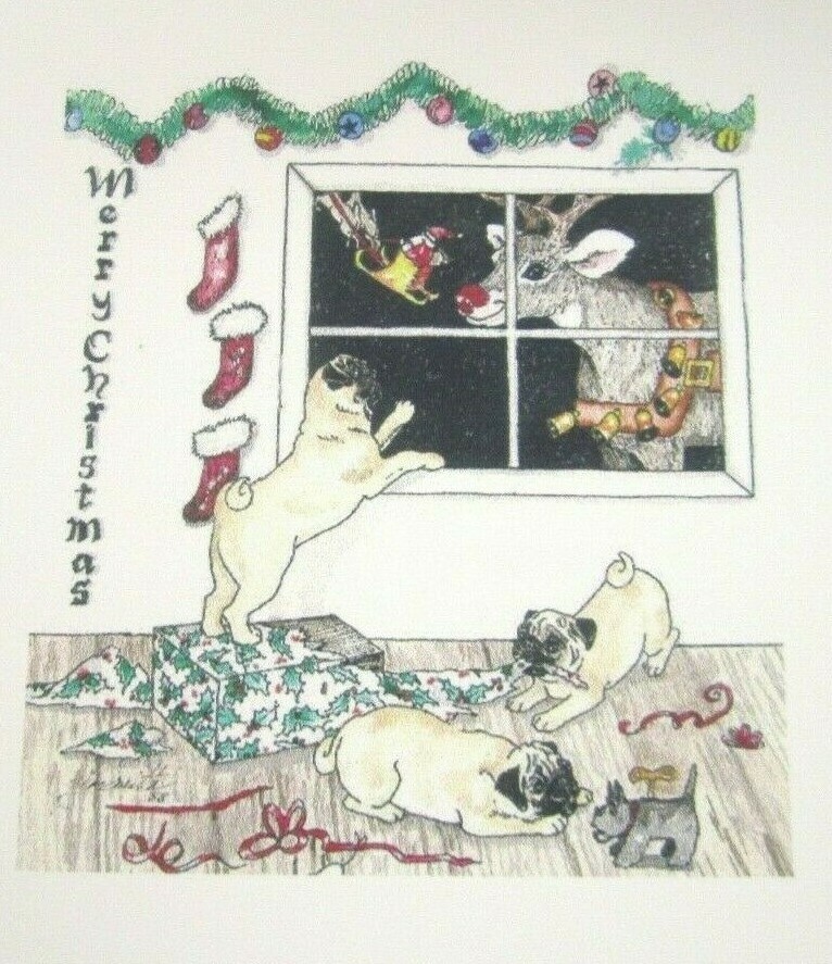 Pug Dogs Christmas Note Card with Envelope