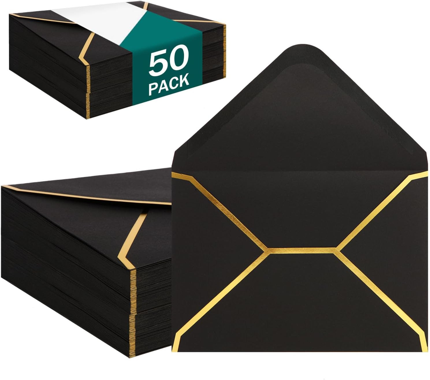 (50 Pack 5X7 Inch) Black Envelopes for Invitations with Gold Border, Self Adh…