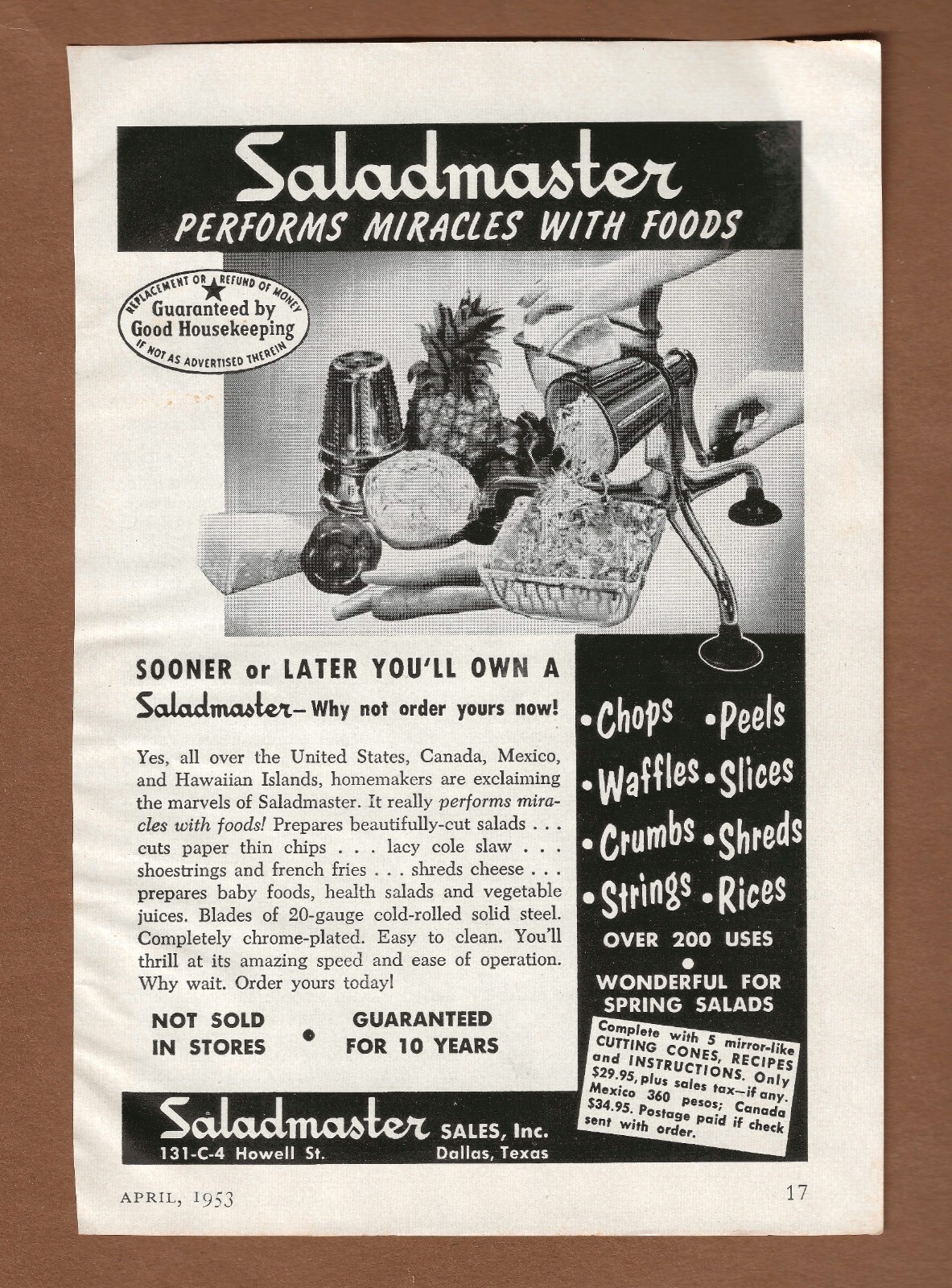 Vintage 1953 Saladmaster Magazine Advertisement, 1950s Mid-century Retro