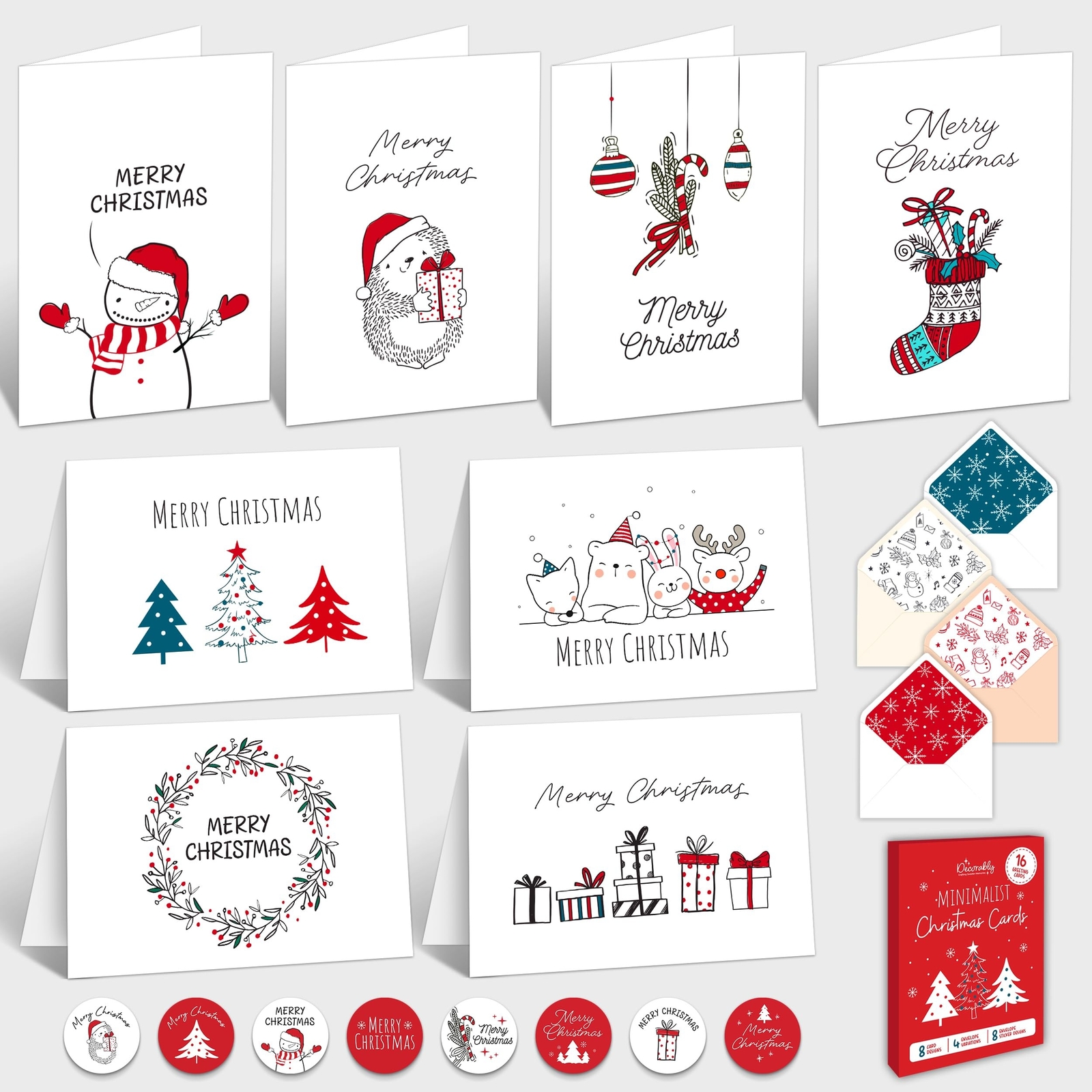 Decorably 16 Pack Minimalist Assorted Christmas Cards With Envelopes and Stic…