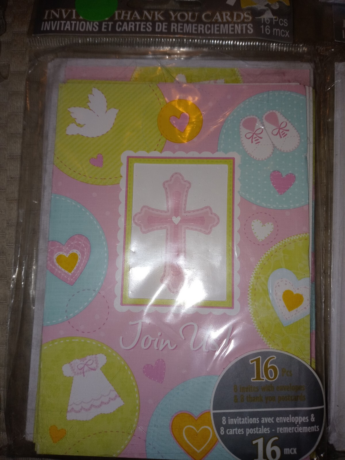6Pk Of 8 TOTAL Of 24 Pink Cross Religious Invites + Envelopes + Thank You cards