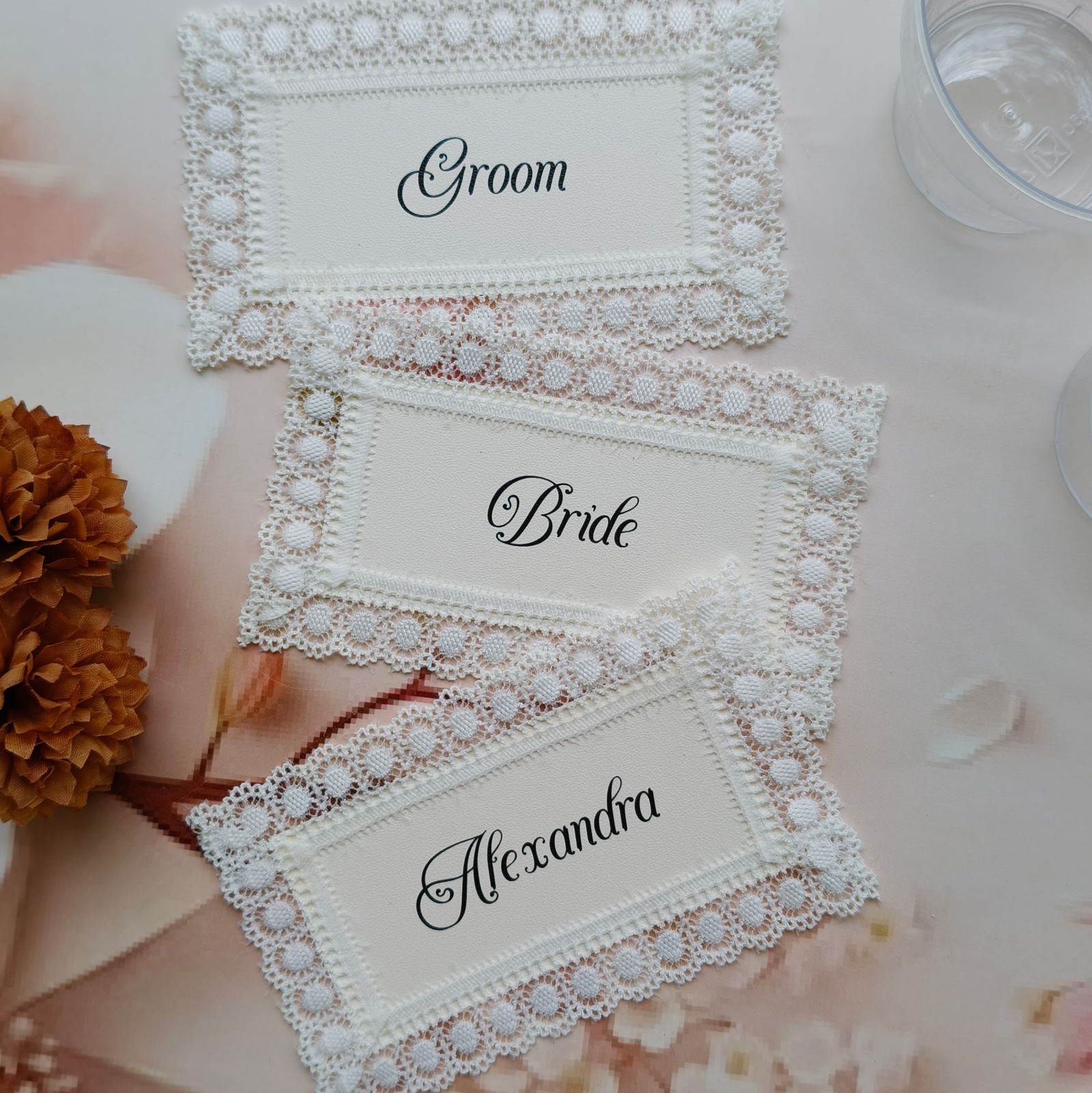 Lace Place Cards with Calligraphy Names | Elegant Wedding Bridal Table Decor