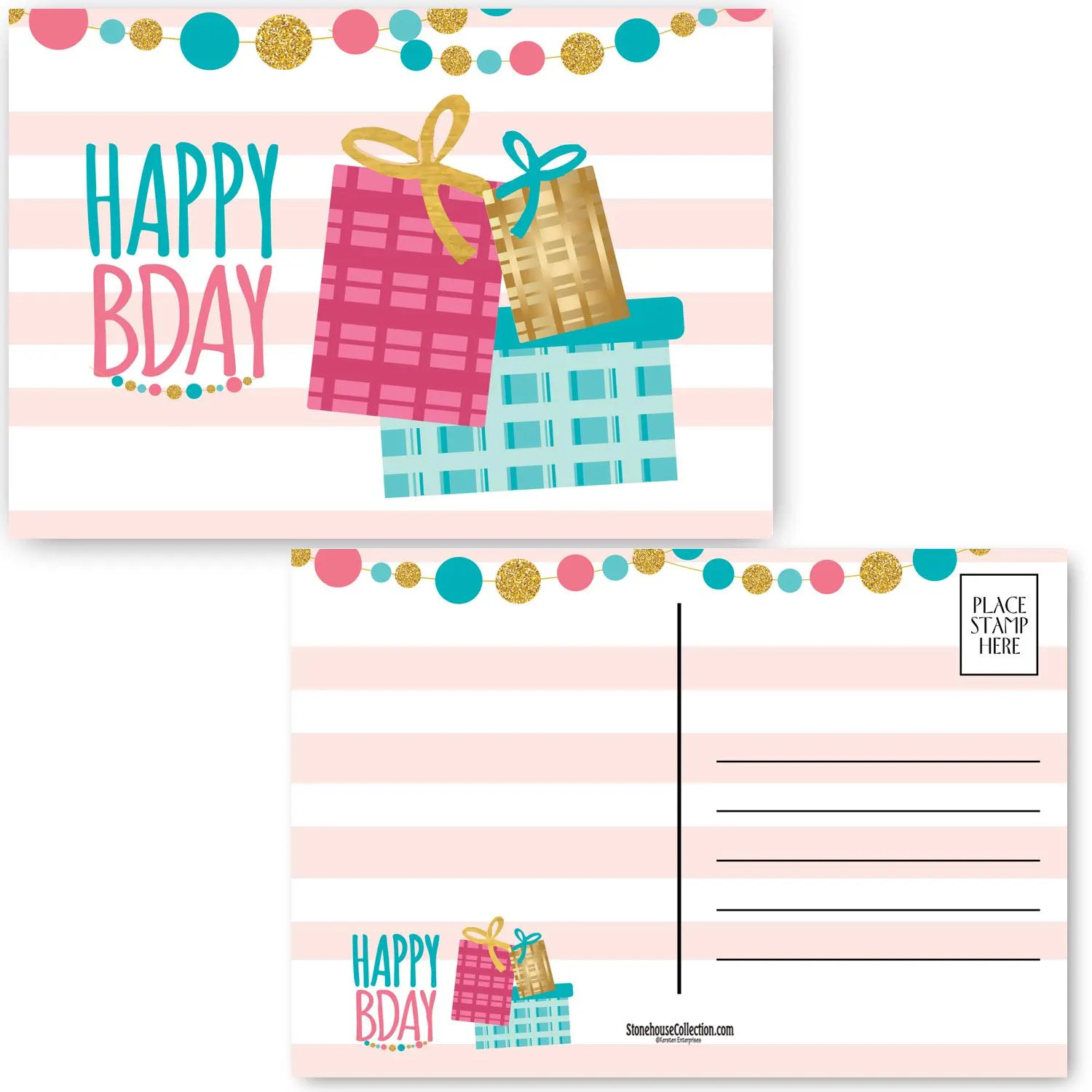Birthday Postcards with Pink, Teal and Gold Presents – 4 x 6 Birthday – B17162