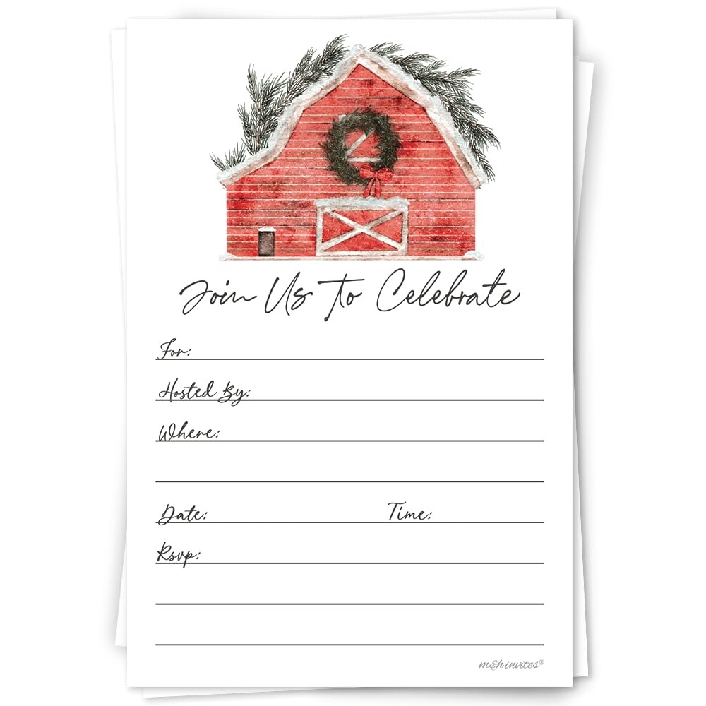 20 PCS Rustic Red Barn Christmas Invitations Watercolor Holiday Envelopes