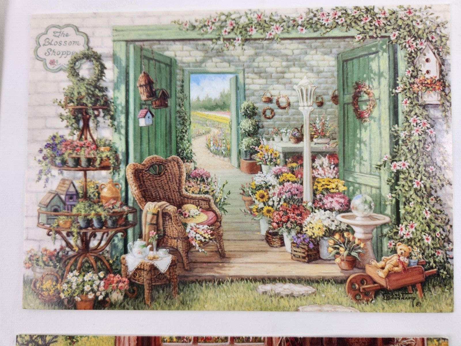 4 Janet Kruskamp Blank Greeting Card The Blossom Shoppe Flower Garden Hut Cats